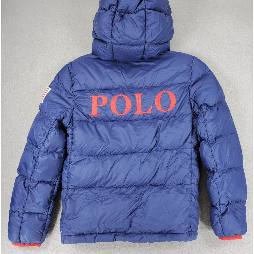 Polo Ralph Lauren Boys Puffer Jacket Blue Hooded Logo Full Zip Sz M (10-12) Flag